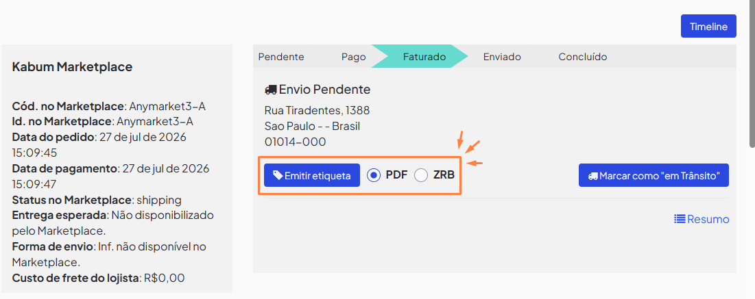 Emissão de etiqueta pela tela do pedido