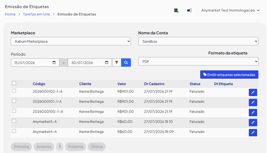 Emissão de etiquetas em lote